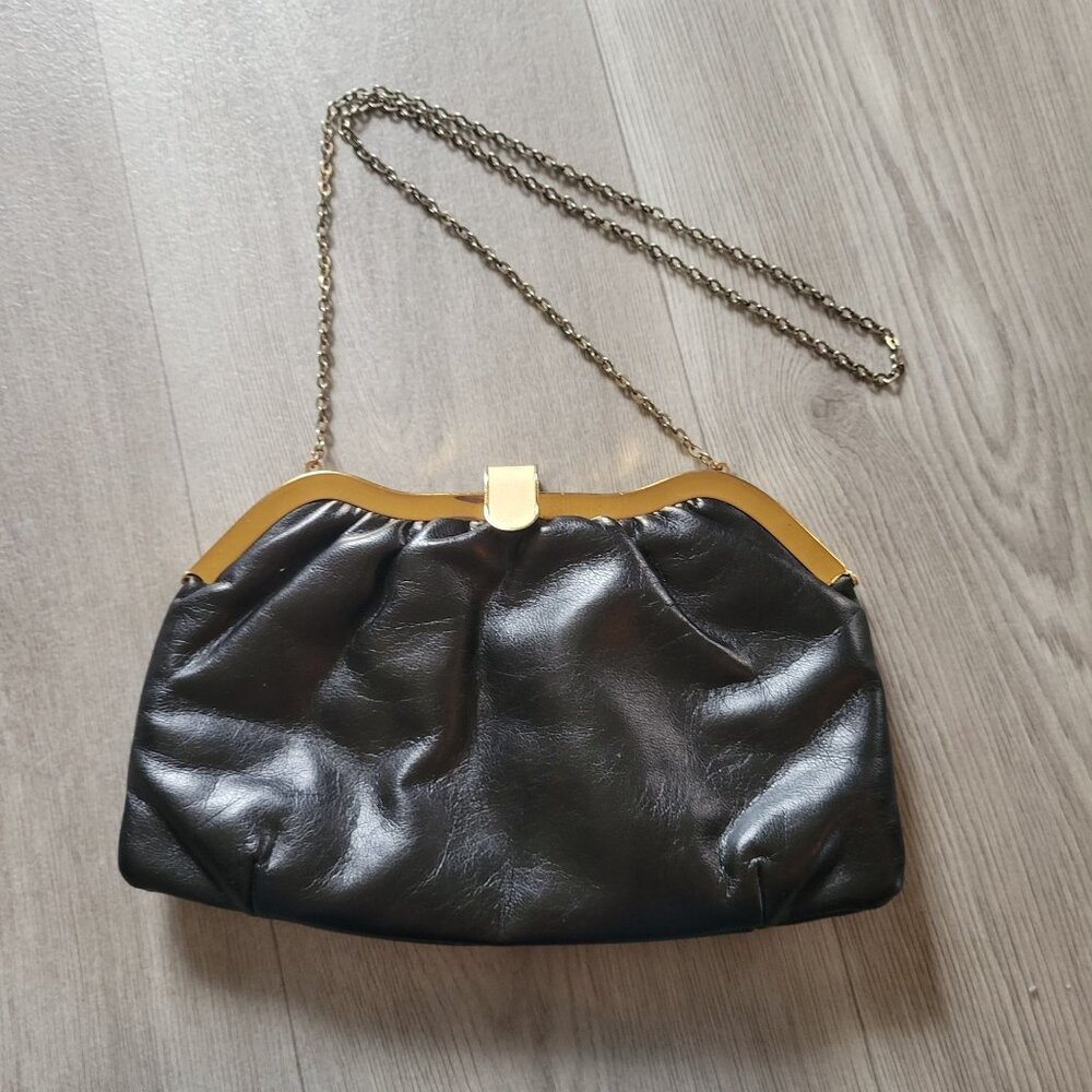 Vintage Black Leather Evening Clutch With Gold Chain & Clasp
